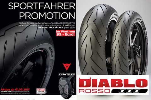 Zum Pirelli Diablo Rosso III gibt’s einen Dainese Rucksack on top