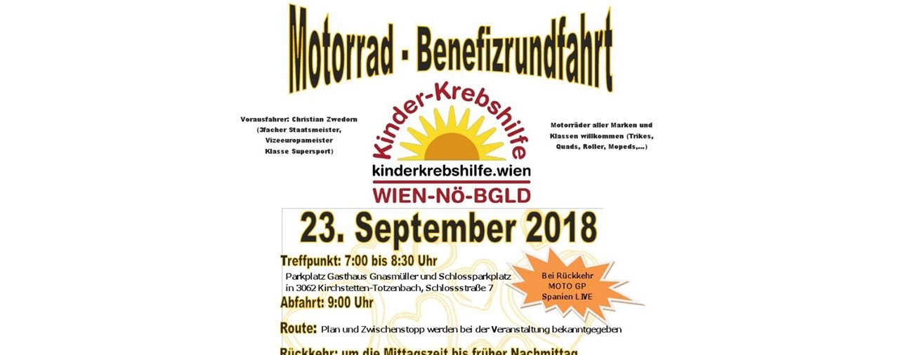 Motorrad-Benefizrundfahrt für Kinder-Krebshilfe am 23.September