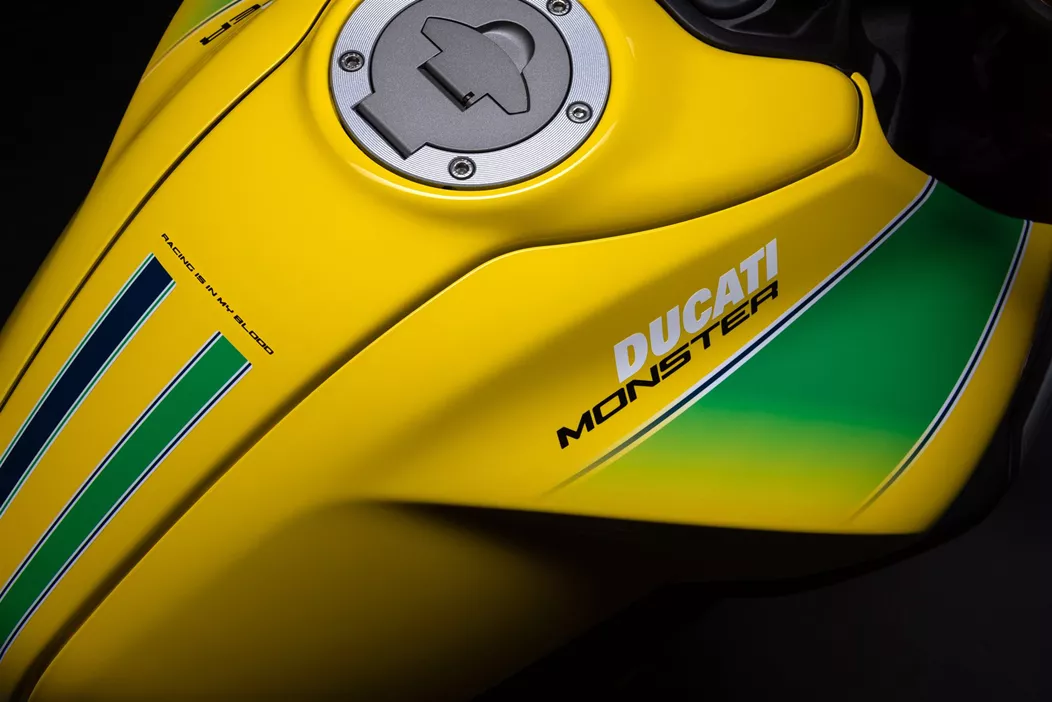 Ducati presents a limited special edition of the Monster to honor Formula 1 driver Ayrton Senna, who died in 1994. The livery of the motorcycle, which is limited to 341 units, is inspired by the iconic helmet design that the Brazilian used throughout his career.
