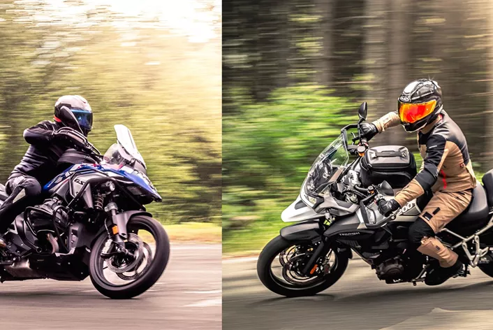 Six testers from the 1000 PS universe took on the BMW R 1300 GS against the Triumph Tiger 1200 GT Pro to find out how these two large adventure bikes perform in a direct comparison on the country road.