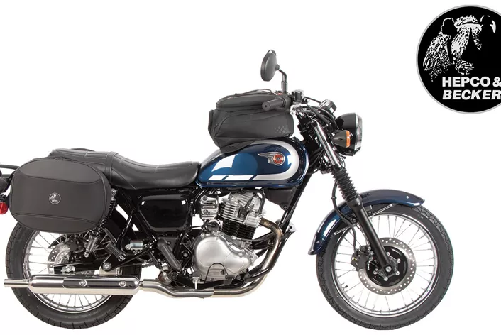 Design clássico encontra acessórios práticos: As motos retrô Kawasaki W230 e Meguro S1 podem ser transformadas em elegantes companheiras de viagem com os acessórios específicos da Hepco & Becker.