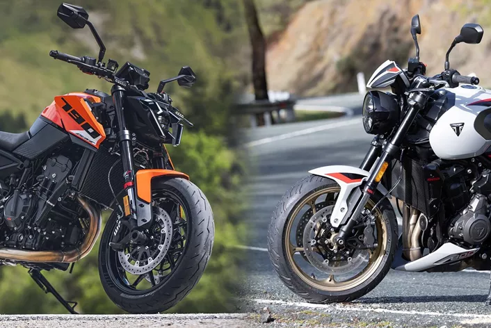 Cylindrée similaire, couple quasiment identique, et pourtant deux motos totalement différentes : la KTM 790 Duke veut rester le scalpel, tandis que la Triumph Trident 800 joue les gentlemen roadsters élégants. Quel concept convainc ?