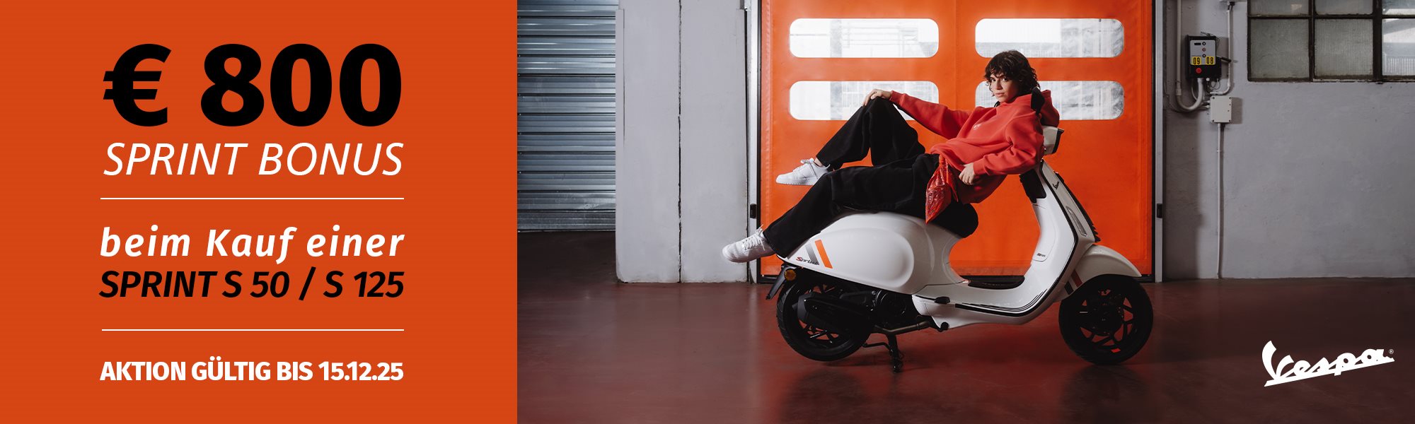 Wir starten mit einer unwiderstehlichen Preis Promotion für die Vespa Sprint S 50 und Sprint S 125.  Kunden, die sich von 7. August bis 15. Dezember 2025 für eine Vespa Sprint S 50 oder eine Vespa Sprint S 125 entscheiden, erhalten das Fahrzeug um unschlagbare 800 Euro billiger. 