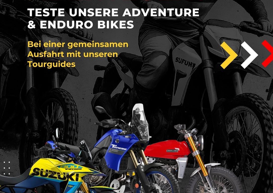 Am Typentag werden verschiedene Fahrzeuge unterschiedlicher Marken für eine geführte Ausfahrt zur Verfügung gestellt. Wir beginnen mit dem "Enduro-Tag". Es folgt der Road-Naked-Tag, der Tourertag und die der 125er Tag.