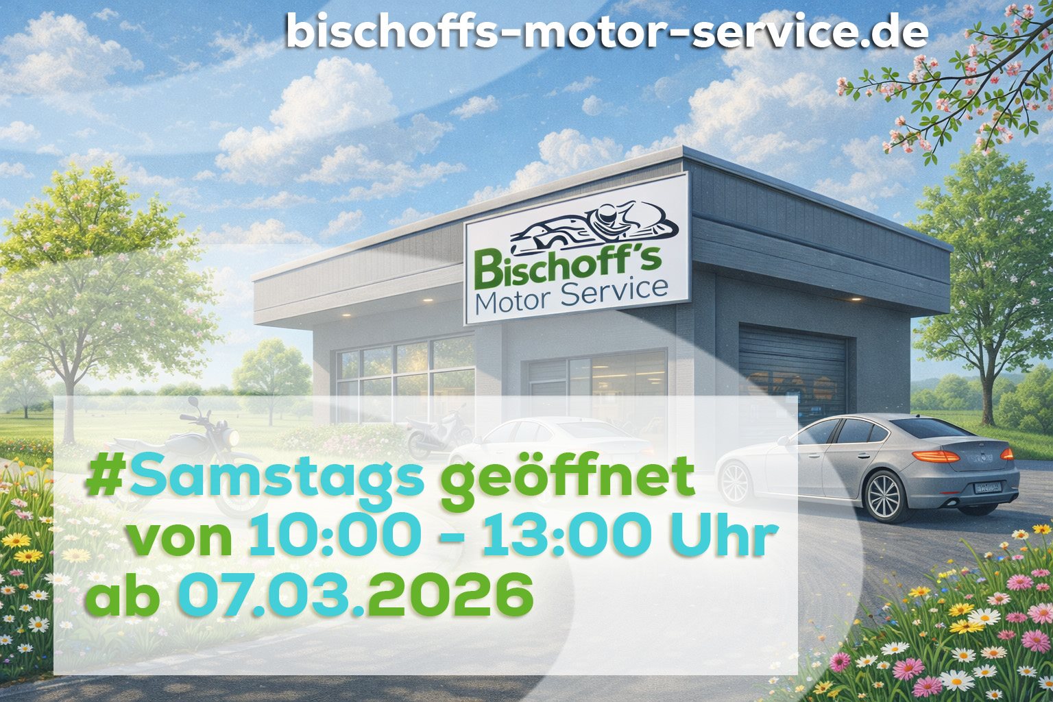 Bischoff’s Motor Service ist ab Samstag, 07.03.2026 wieder samstags geöffnet. Öffnungszeiten: 10:00-13:00 Uhr. Wichtig: Die Werkstatt ist samstags geschlossen, Annahme jedoch möglich - geöffnet ist der Ersatzteilverkauf. Ideal, wenn unter der Woche wenig Zeit bleibt: Teile abholen, Anliegen kurz besprechen, 