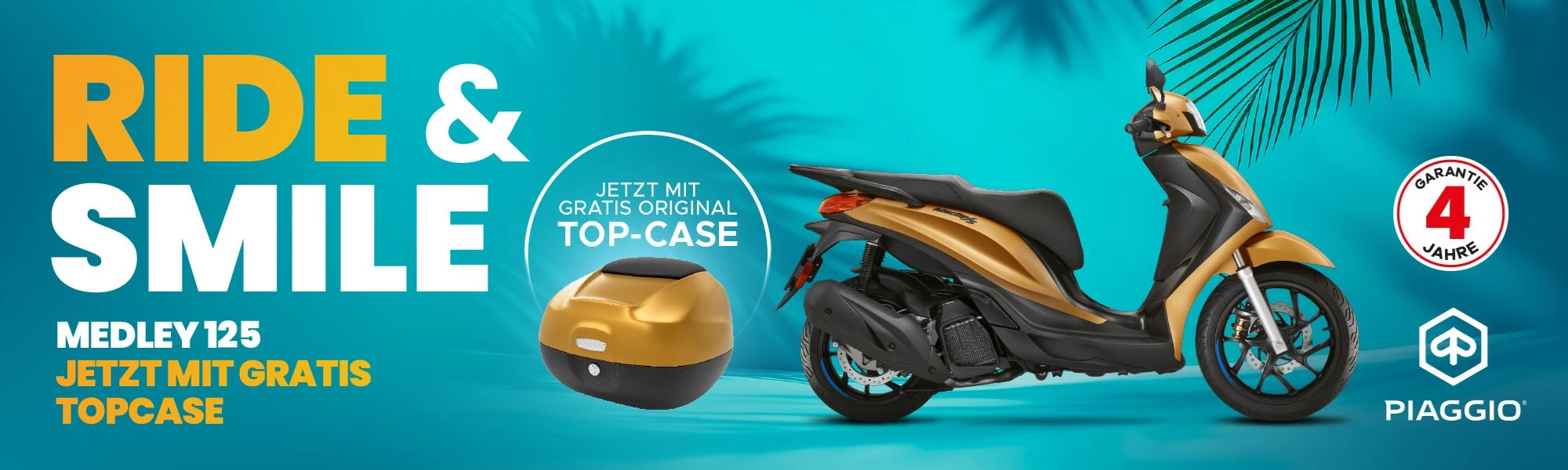 Zu jeder Piaggio Medley 125 oder Piaggio Medley 125 S gibt es das Topcase in Fahrzeugfarbe (nero abisso, grigio astrale, nero meteora, bianco luna, blu opaco, giallo opaco) samt Montageplatte im Wert von € 438,- gratis dazu.  