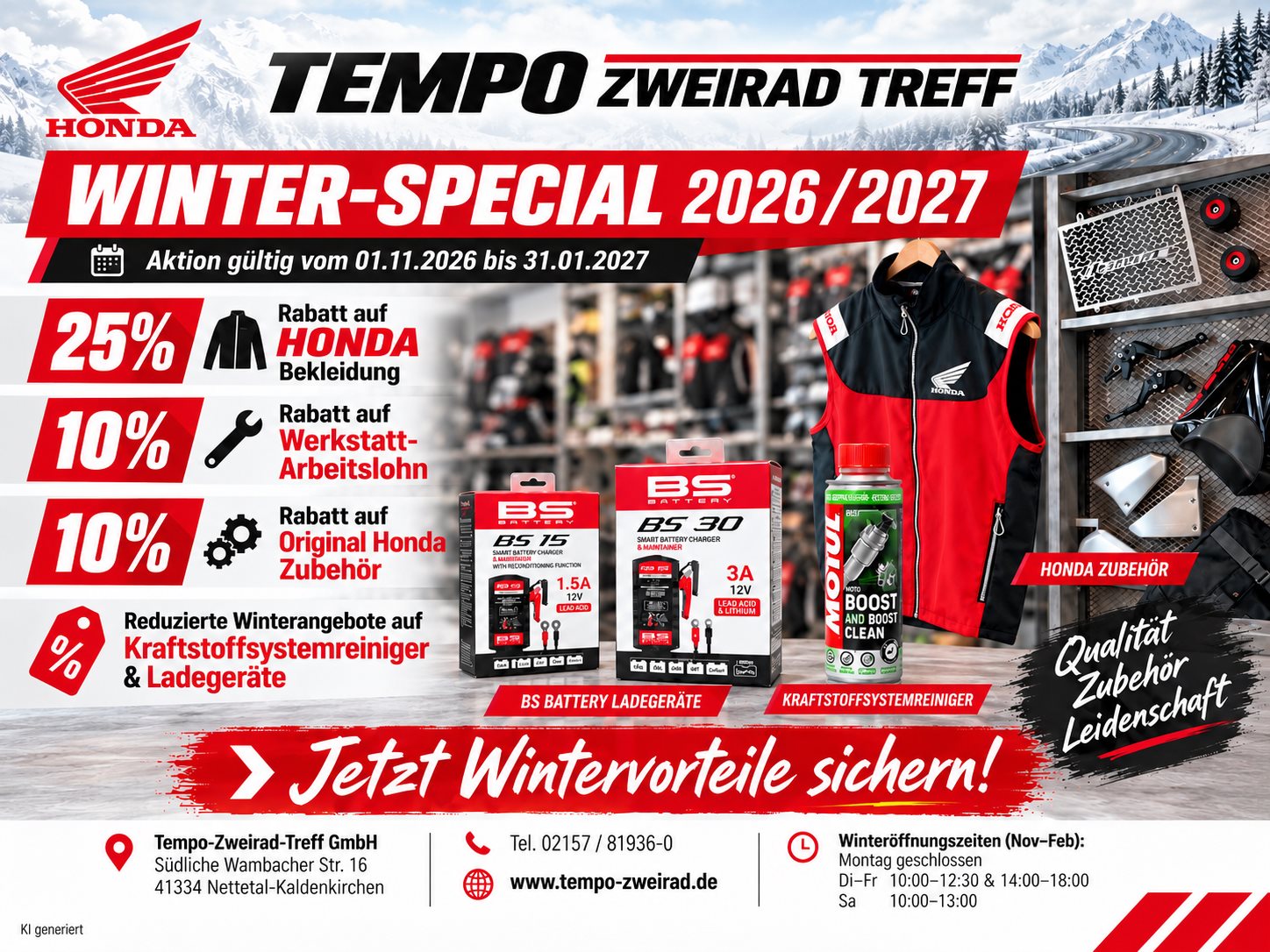 WINTER-SPECIAL 2026/2027 Jetzt sparen und dein Motorrad fit fürs Frühjahr machen!  Nutze vom 01.11.2026 bis 31.01.2027 unsere Winterangebote für Wartung, Reparaturen, Umbauten und Zubehör.  Dein kostenloser Motorrad-Check: Wir prüfen Bremsen, Batterie, Kette, Zahnkranz und Ritzel. Gibt es Ersatzbedarf, besprechen wir die nötigen Arbeiten mit dir.  Nutze die Wintervorteile!