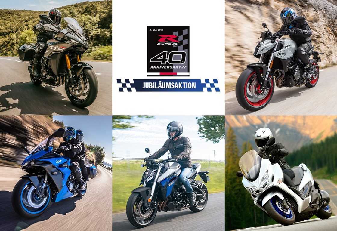 Collage aus 5 Motorrädern: GSX-8S, GSX-S1000GX, GSX-S1000GT, GSX-S950, BURGMAN 400 - mit Jubiläumsaktions-Logo