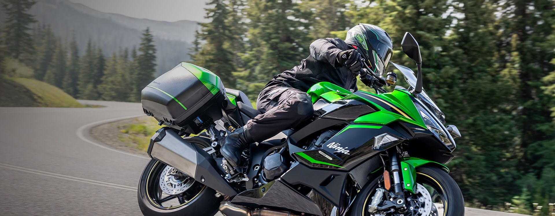 Das Bild zeigt eine Ninja 1100SX SE, ausgestattet mit einem Kofferset, fahrend auf der Landstraße.