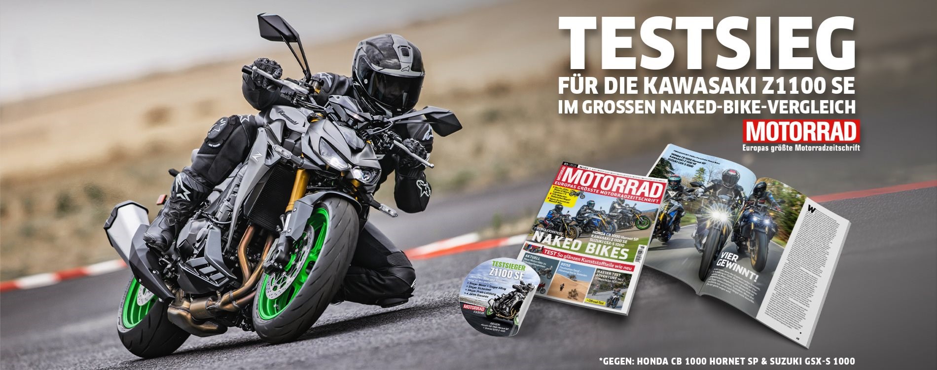 Kawasaki Z1100 SE Modelljahr 2026 in dynamischer Schräglage auf der Rennstrecke. Das Naked Bike mit grünem Felgenring wird sportlich bewegt. Daneben Einblendung des MOTORRAD-Magazins mit dem Hinweis „Testsieg für die Kawasaki Z1100 SE im großen Naked-Bike-Vergleich
