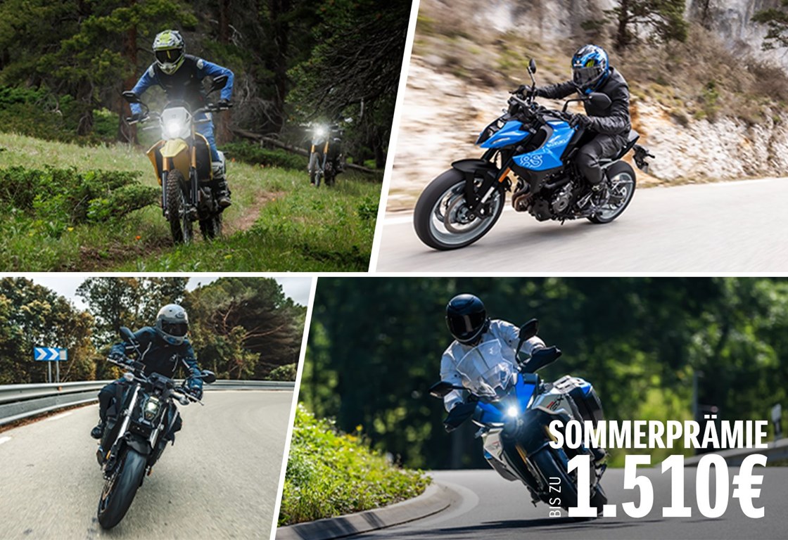 Suzuki Sommerprämie: bis zu 1.510 € sparen </p>
Auf ausgewählte Neufahrzeuge gibt es attraktive Preisvorteile und Zubehörgutscheine. Sichere dir zum Beispiel jetzt die GSX-S1000 mit bis zu 1.510 € Gesamtersparnis! Weitere Modelle findest du auf unserer Aktionsseite. Aktion gültig bis 30.09.2026.