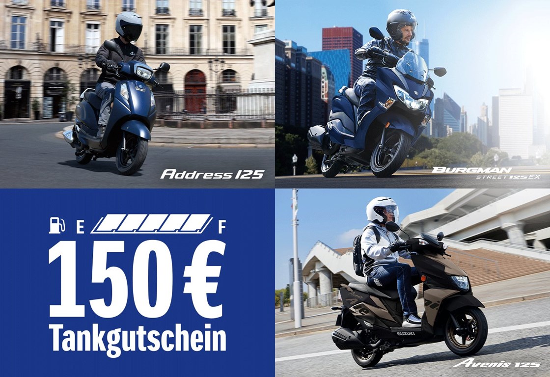 Bis zu 3.850 km Scooter-Fahrspaß geschenkt¹ </p>

Egal ob BURGMAN STREET 125EX, Address 125 oder Avenis 125 – beim Kauf eines neuen Suzuki Scooters startest du mit dem 150 € Tankgutschein flexibel und effizient in deinen Alltag.