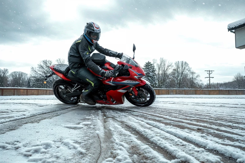 Motorradfahren lernen - eine Honda CBR650R E-Clutch bei Kurvenfahrt auf Schneefahrbahn Motorradfahren lernen - eine Honda CBR650R E-Clutch bei Kurvenfahrt auf Schneefahrbahn