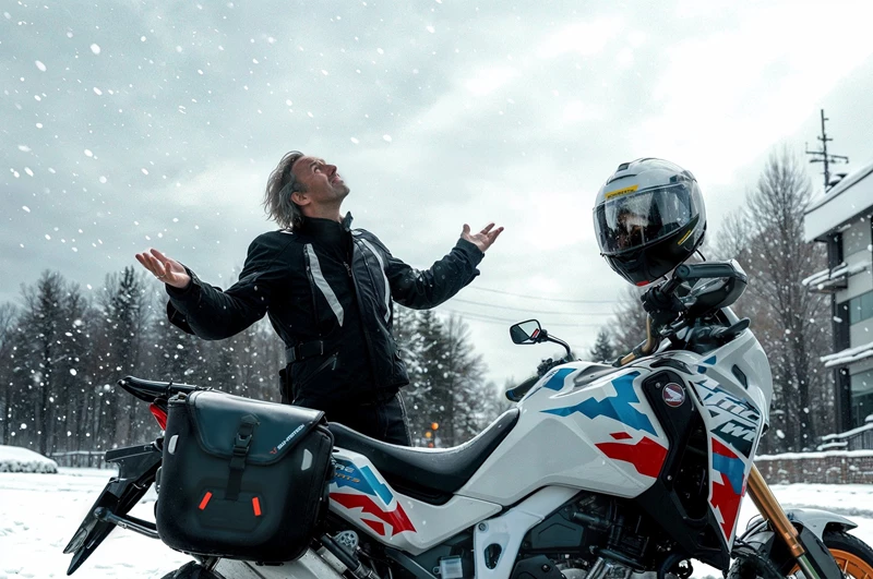 Motorradfahren lernen - eine Honda CRF1100L Africa Twin Adventure Sports DCT steht im Schnee Motorradfahren lernen - eine Honda CRF1100L Africa Twin Adventure Sports DCT steht im Schnee
