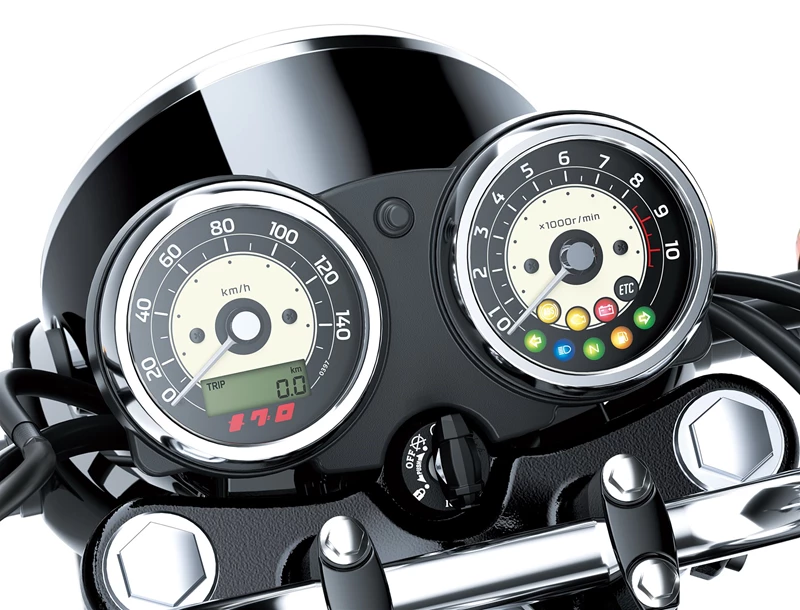 Klassische Rundanzeigen auf der Kawasaki Meguro S1. Klassische Rundanzeigen auf der Kawasaki Meguro S1.