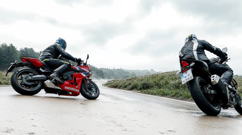 Motorradfahren lernen - eine Honda CB500 Hornet und eine CBR650R E-Clutch während der Fahrt bei Nässe Motorradfahren lernen - eine Honda CB500 Hornet und eine CBR650R E-Clutch während der Fahrt bei Nässe