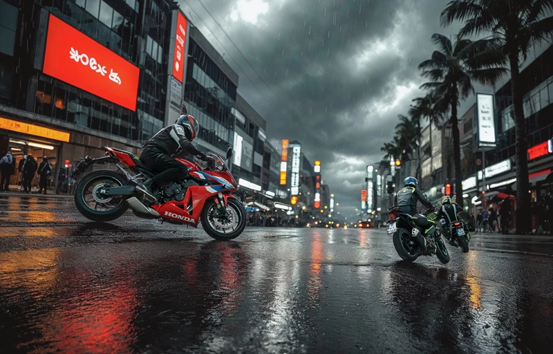 Motorradfahren lernen - eine Honda CB500 Hornet, eine CBR650R E-Clutch und eine CRF1100L Africa Twin Adventure Sports DCT bei Nässefahrt in der Stadt Motorradfahren lernen - eine Honda CB500 Hornet, eine CBR650R E-Clutch und eine CRF1100L Africa Twin Adventure Sports DCT bei Nässefahrt in der Stadt