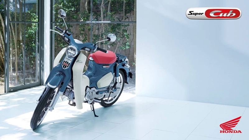 Der Honda Super Cub in Pearl Bosphorus Blue/Pearl Sugarcane Beige. Der Honda Super Cub in Pearl Bosphorus Blue/Pearl Sugarcane Beige.