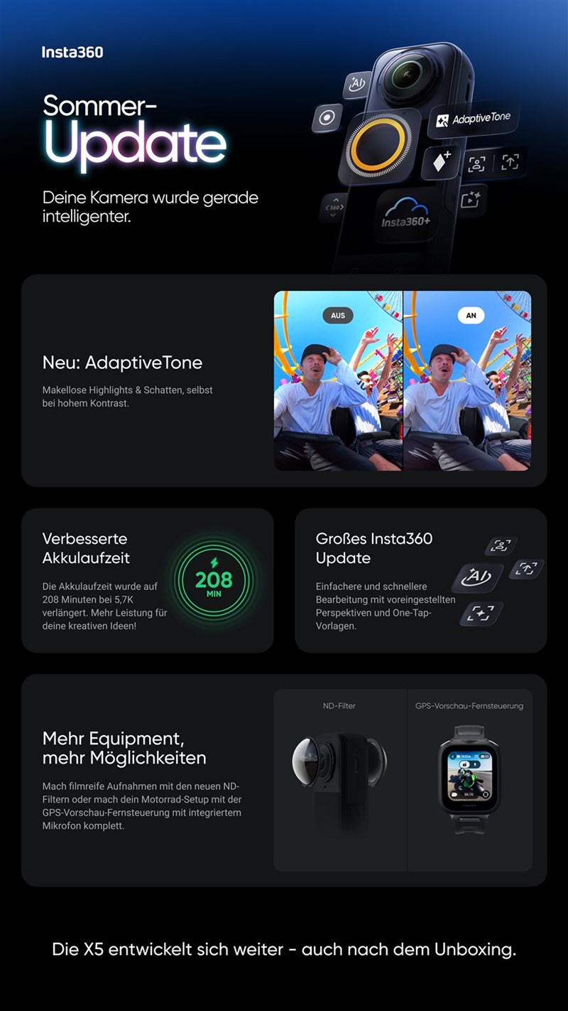 Eine Actioncam, die auch nach dem Kauf kontinuierlich besser wird – dank smarter Software-Updates und neuem Zubehör: die Insta360 X5 Eine Actioncam, die auch nach dem Kauf kontinuierlich besser wird – dank smarter Software-Updates und neuem Zubehör: die Insta360 X5