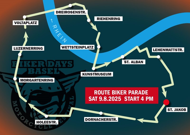 La route de la légendaire parade de motos à Bâle, Suisse