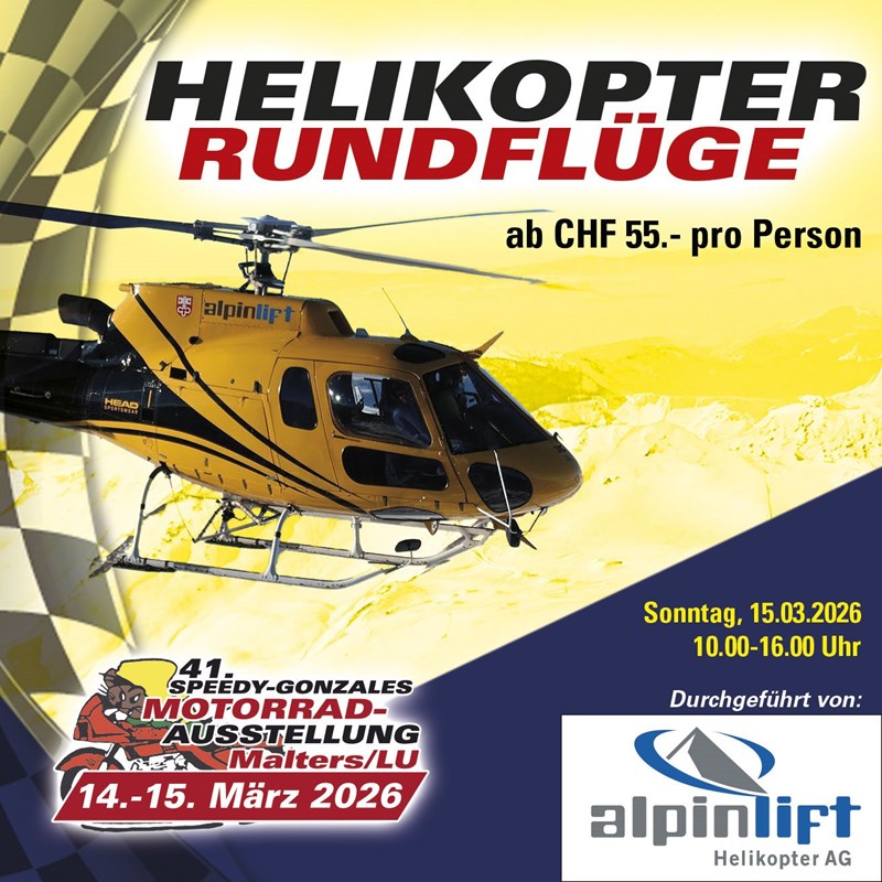 Malters aus der Vogelperspektive: Neben Motorrädern, 125ccm-Parcours, Racing-Highlights und Tombola sorgen auch Helikopter-Rundflüge für besondere Momente an der 41. Motorradausstellung.