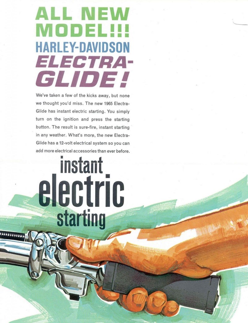 Harley-Davidson brachte 1965 mit der Electra Glide bereits den E-Starter. In Werbeblättern wurde das groß angepriesen.