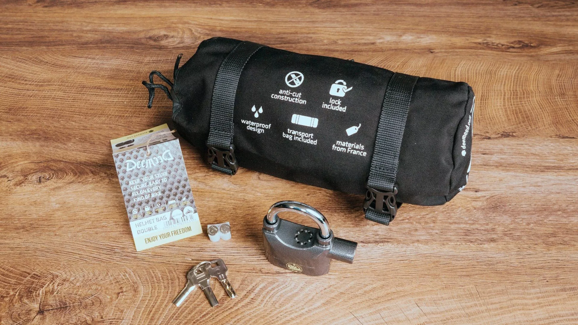 DEEMEED Security Helmet Bag Double + Alarm : contenu de la livraison avec cadenas-alarme