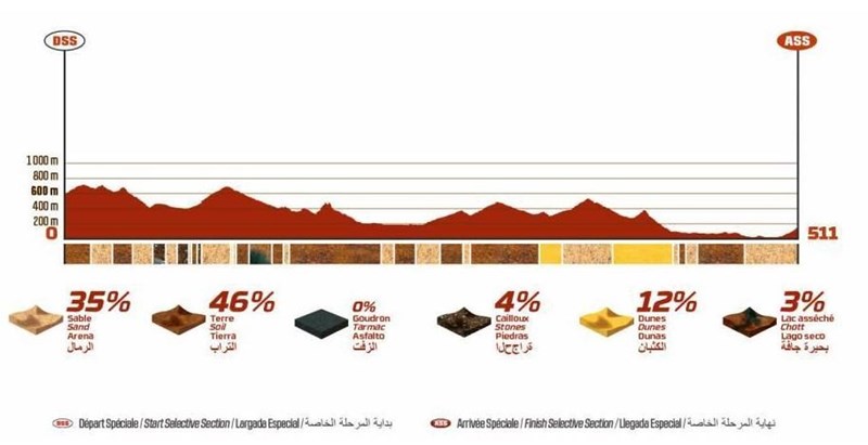 Aufteilung der Bodenbeschaffenheit entlang der 11. Etappe Rally Dakar 2021