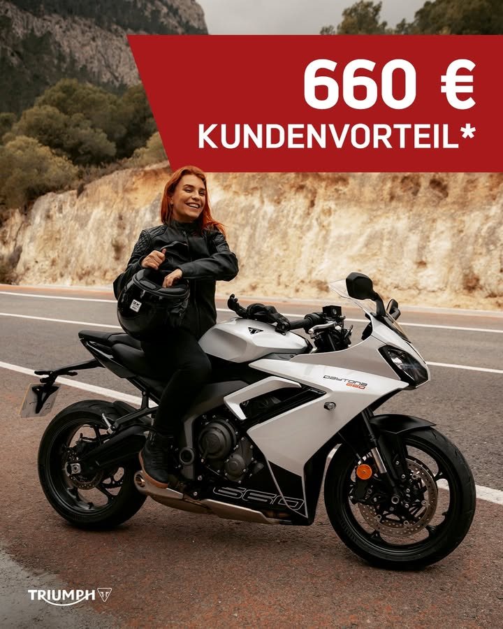 Vorschaubild für Post - Adrenalin auf zwei Rädern - die Daytona 660 bringt Sportlichkeit und pure Fahrfreude zusammen.
Jetzt zuschlagen und 660 € Kundenvorteil* sichern, aber nur noch bis 30.09.2025!
>> https://triumph-wuppertal.de <<
*Angebotsdetails siehe Webseite