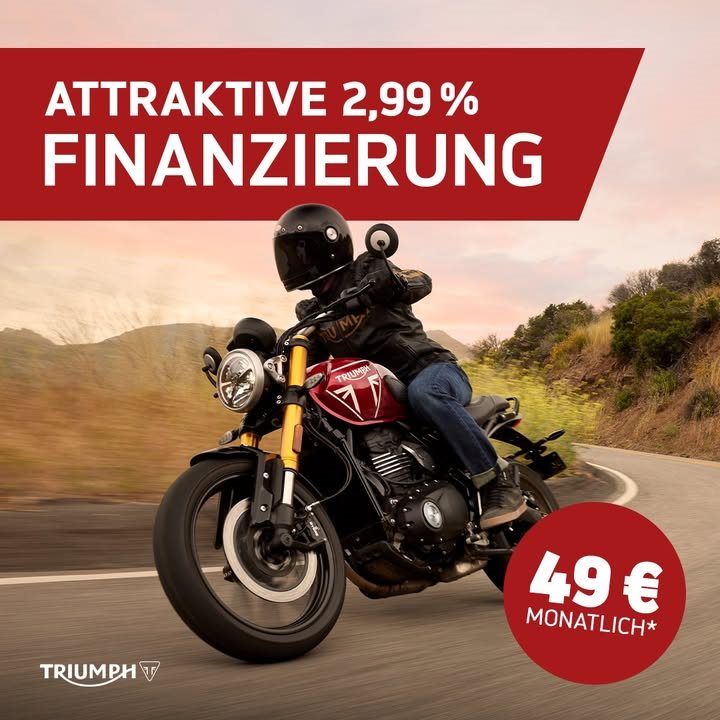 Vorschaubild für Post - Der Weg zum eigenen Bike war noch nie so einfach:
Schon für 49 € monatlich* kannst du endlich eine echte Triumph fahren!

Komm vorbei und lass dich zu unseren Finanzierungsmöglichkeiten beraten.
>> https://www.triumph-steiermark.at/de/triumph-promotions <<