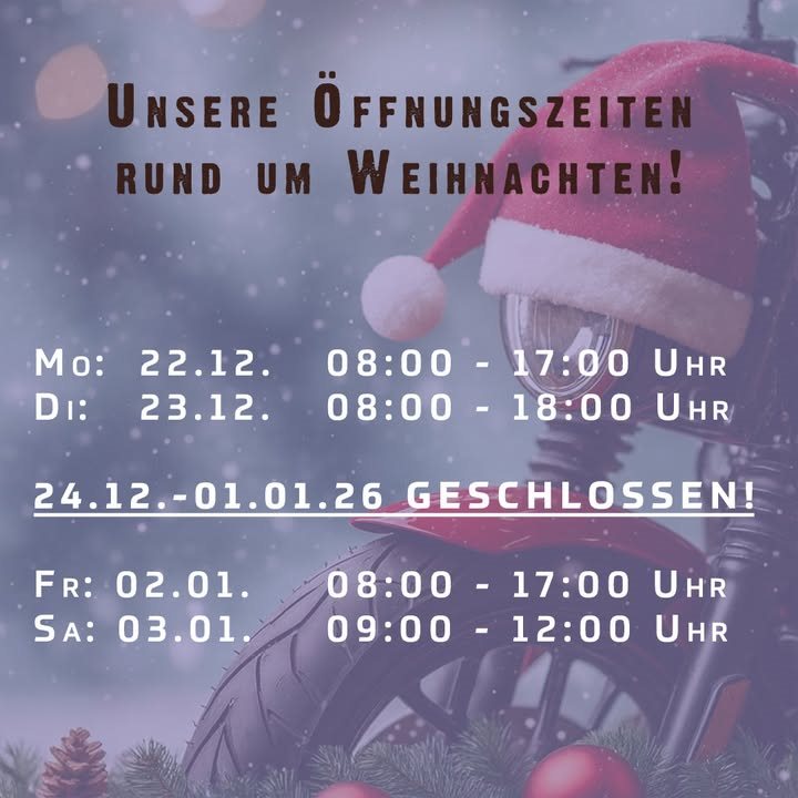 Vorschaubild für Post - 🎄🏍️ Öffnungszeiten vor Weihnachten – Wir sind für euch da! 🏍️🎄

Du bist noch auf der Suche nach dem passenden Weihnachtsgeschenk? 
Kein Problem! Triumph Südsteiermark hat am 22. & 23. Dezember noch für dich geöffnet.

🎁 Ob Gutscheine, Zubehör, Bekleidung oder etwas Besonderes rund um dein Motorrad – bei uns findest du garantiert das Richtige.

✨ Entspannt einkaufen statt Weihnachtsstress
Keine Parkplatzsuche, kein Gedränge – dafür persönliche Beratung und eine entspannte Atmosphäre.

Wir freuen uns auf deinen Besuch und wünschen dir schon jetzt frohe Weihnachten! 🎅✨
Dein Team der Motorradklinik.