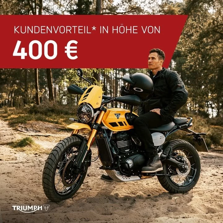 Vorschaubild für Post - JETZT NOCH KUNDENVORTEIL IN HÖHE VON 400€ SICHERN*

Die 400cm³ Modellfamilie von Triumph bietet für jeden Fahrer das passende Bike an: Von der straßenfokussierten Speed 400 als praktischer Retro-Roadster über die coole und geländefähige Scrambler 400 X bis hin zur Scrambler 400 XC, welche mit ihrem Fahrwerk, den Speichenrädern und dem farblich abgestimmten Bodywork noch stärker auf die Fahrten abseits der Straße ausgelegt ist. Die ""kleinen"" Triumph-Modelle der 400er-Baureihe überzeugen durch höchste Verarbeitungsqualität, cooles, zeitloses Styling und echten britischen Spirit.

Sichere Dir für kurze Zeit einen Kundenvorteil in Höhe von 400€ auf die 400er-Modellfamilie*!

#triumphkärnten #kundenvorteil #fortheride #triumphmotorcycles 

Alle Angebote und mehr Informationen unter:
🔗 Triumph Südsteiermark:
https://www.triumph-steiermark.at/de/triumph-promotions