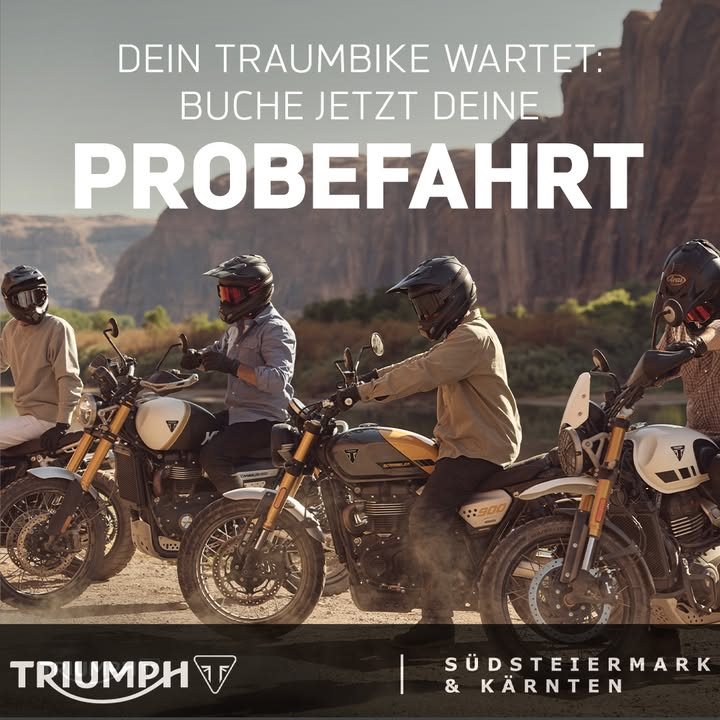 Vorschaubild für Post - Dein Triumph-Traum beginnt mit einer Probefahrt! 🔥🏍️

Warum nur davon träumen, wenn du ihn selbst erleben kannst?

Bei Triumph Steiermark hast du die Möglichkeit, dein persönliches Traumbike kostenlos Probe zu fahren. Egal ob sportliche Roadster, charakterstarke Modern Classics oder abenteuerlustige Tiger Modelle – jetzt ist die perfekte Zeit, die Faszination Triumph hautnah zu erleben.

Steig auf, starte den Motor und finde heraus, welches Triumph Modell dein Herz höherschlagen lässt.

👉 Jetzt Probefahrt vereinbaren und deinen Motorradtraum erfahren!
https://www.triumph-steiermark.at/de