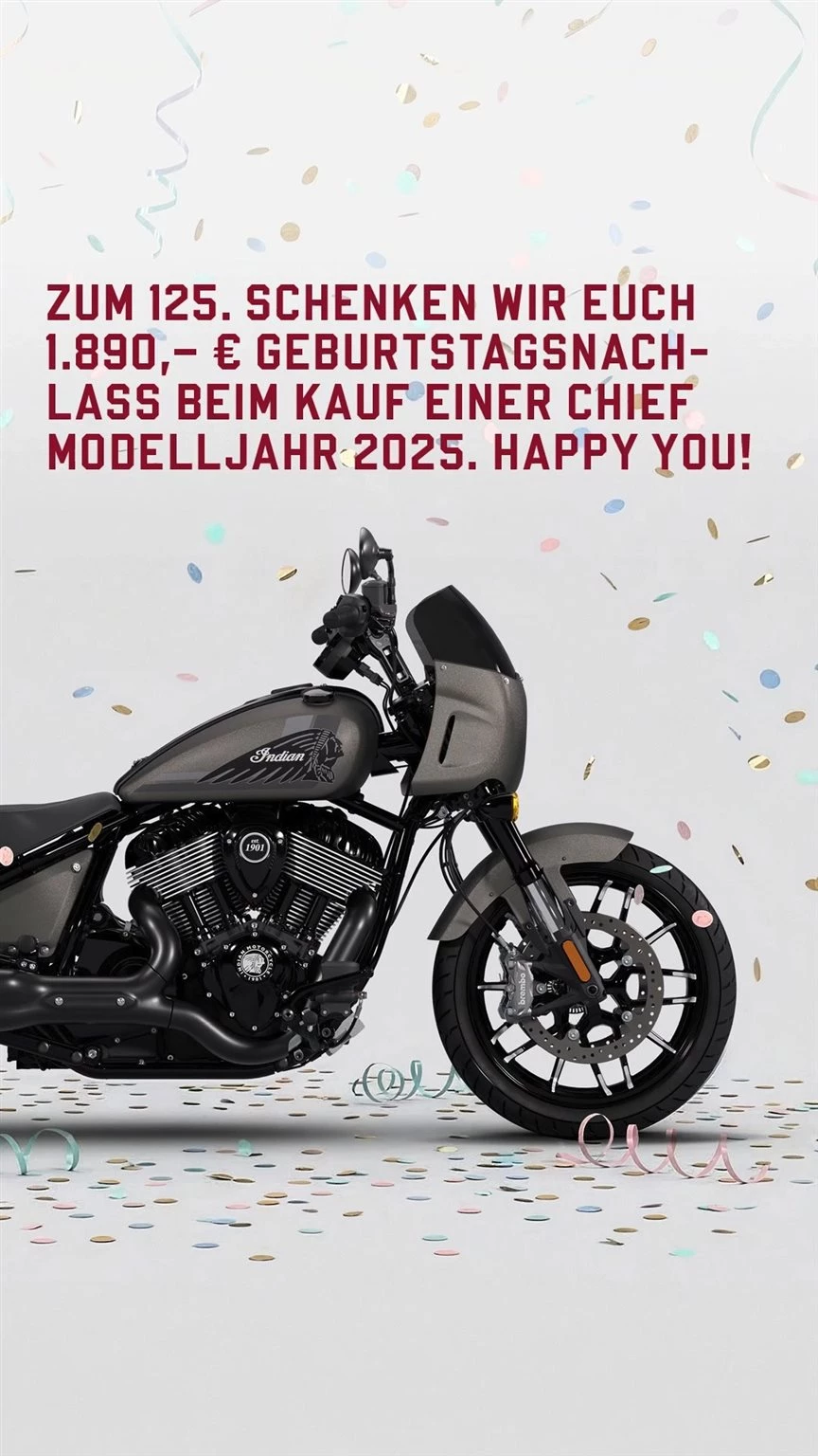 Vorschaubild für Post - Die Indian Motorcycle Aktion zum 125. geht weiter. Wir schenken Euch einen Euro Geburtstagsnachlass pro cm³ gültig beim Kauf einer Chief Modelljahr 2025, oder auch einer Scout oder einer PowerPlus Modelljahr 2025. Am besten schaut Ihr die Tage mal vorbei.
#indianmotorcycle