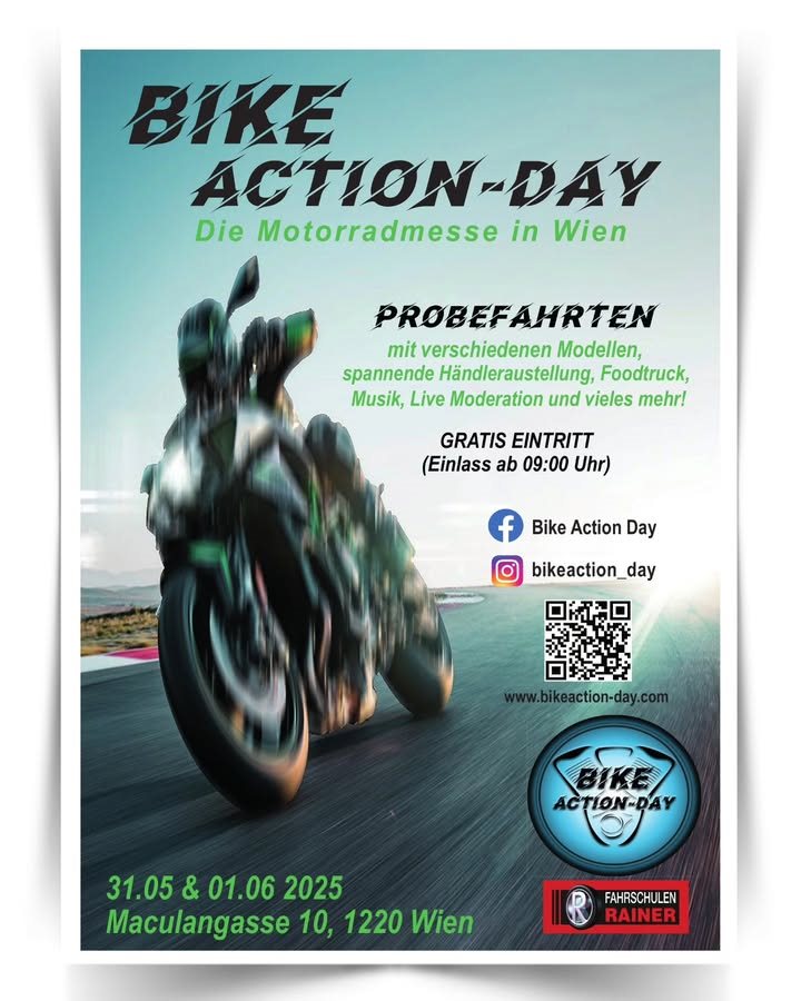 Vorschaubild für Post - AUFGEPASST!
Am 31.05 & 01.06 findet zum vierten Mal der Bike Action Day statt. Das IL MOTO Team ist mit etlichen Bikes am Start.
Wir freuen uns auf euer Kommen!
ACHTUNG: unsere Wiener Filiale auf der Prager Straße hat somit am 31.05 geschlossen!
.
.
.
#ilmoto #triumphwiennord #bikeactionday