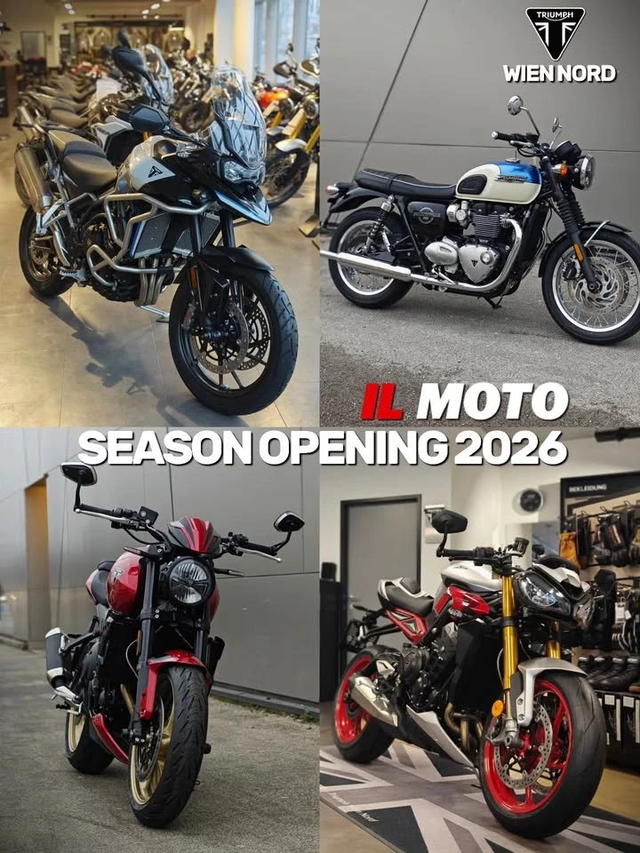 Vorschaubild für Post - TRIUMPH WIEN NORD SEASON OPENING 2026

Hiermit möchten wir Euch zu unserem Season Opening 2026 kommenden Freitag und Samstag (10.04 & 11.04) bei IL MOTO Wien einladen.
Neben aktuellen Promos und Finanzierungsangeboten gibt es fast alle neuen Triumph Modelle zum Probefahren.
Für Speis und Trank wird selbstverständlich gesorgt. Wir freuen uns auf Euch!
.
.
.
#triumphwiennord #ilmoto #officialtriumph #triumphmotorcycles
