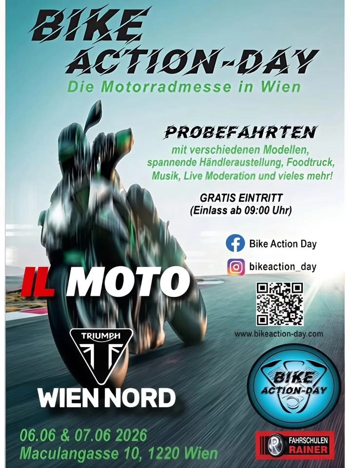 Vorschaubild für Post - BIKE ACTION DAY 2026

Erlebt das IL MOTO Team am 5. Bike Action Day!
Am Samstag, den 06.06 und Sonntag, den 07.06, könnt Ihr viele unserer Triumph Motorräder bei kostenlosen und geführten Probefahrten austesten.
ACHTUNG: Aufgrund des Bike Action Day bleibt die Filialie in Wien am Samstag geschlossen.

Wir freuen uns auf Euch!