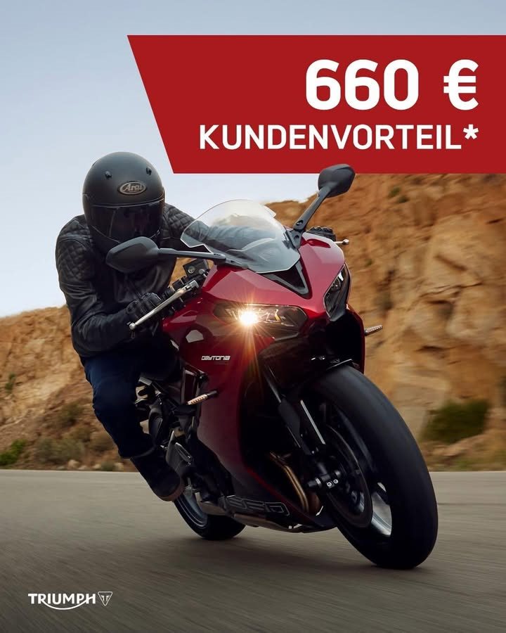 Vorschaubild für Post - Jetzt ist die beste Zeit für deine neue Sommerliebe:
Sichere dir beim Kauf einer neuen Daytona 660 satte 660 €* Kundenvorteil!

- Nur noch bis 30.06.2025 - 

🔗 *Alle Angebotsdetails gibt's unter:

https://www.triumphmotorcycles.at/aktuelle-promotions/germany/daytona-660-2025