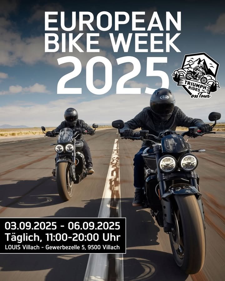Vorschaubild für Post - Fahr dein Traumbike auf der European Bike Week in Villach!
🔗 Zur Anmeldung: bit.ly/4lNmO34
Der letzte Stopp der Test Ride Tour steht an:
4️⃣ Tage lang kannst du unsere Triumph-Modelle bei einer Probefahrt kostenlos auf Herz und Nieren checken und vielleicht sogar die ganz große Liebe entdecken. 🖤
Einfach online anmelden und im September am Harleywood Faaker See dabei sein. Spannende Benzingespräche mit uns und anderen Bikern gibt's natürlich on top dazu. 🤙
Wir freuen uns auf dich!