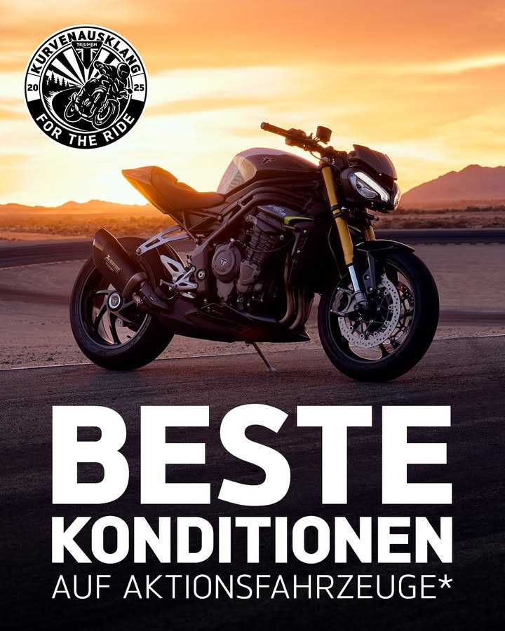 Vorschaubild für Post - Wir lassen mit dir gemeinsam die Saison ausklingen – mit starken Angeboten, jeder Menge Fahrspaß und echten Benzingesprächen.
🗓️ 19. - 27. September bei teilnehmenden Händlern
🏍️ Exklusive Aktionsfahrzeuge zu unschlagbaren Konditionen
👕 Summer-Sale auf vorrätige Bestandswaren
🤝 Gemeinsame Ausfahrt, um noch einmal die schönsten Kurven zu genießen
🍔 Snacks & Drinks dürfen für entspannte Pausen und gute Gespräche auch nicht fehlen
Denn auch wenn die Tage kürzer werden – die Leidenschaft für Kurven bleibt. Die letzte Runde geht auf uns!
🔗 Mehr Infos unter https://www.triumphmotorcycles.at/public-content-de/triumph-kurvenausklang-2025