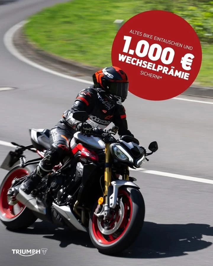 Vorschaubild für Post - Kurze Woche? Da bleibt mehr Zeit fürs Fahren. 🔥
Und vielleicht ist das ja auch der richtige Moment für DEIN neues Motorrad:

Sichere dir 1.000 € Wechselprämie* beim Kauf einer neuen Street Triple 765 RX, wenn du dein altes Bike eintauschst!⁣

*Angebotsdetails siehe Webseite
🔗 https://www.triumphmotorcycles.at/aktuelle-promotions/austria/street-triple-rx
