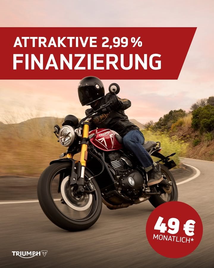 Vorschaubild für Post - Erfüll dir den Traum von der eigenen Triumph schon für 49 € monatlich!*
Wir beraten dich gerne zu unseren Finanzierungsmöglichkeiten, komm vorbei.
>> https://www.triumph-gera.de <<
*Finanzierungsbeispiel für die Speed 400, Angebotsdetails siehe Webseite