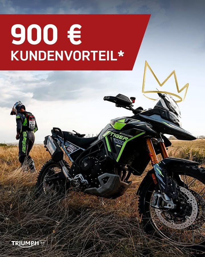 Vorschaubild für Post - TRÄGT DEN SIEG IN DER DNA: DIE TIGER 900 🔥
Jonny Walker kämpft sich bei den Red Bull Romaniacs 2025 auf den 2. Platz der neuen Adventure-Ultimate-Klasse, Sam Sunderland dominiert die Adventure-Lite-Klasse - gewinnen liegt der Tiger 900 einfach im Blut. 💪
Jetzt seid ihr dran: Ihr könnt euch aktuell satte 900 € Kundenvorteil* beim Kauf aller Tiger 900 Modelle sichern!
>> https://www.triumph-gera.de <<
*Angebotsdetails siehe Webseite, gültig bis 30.09.2025