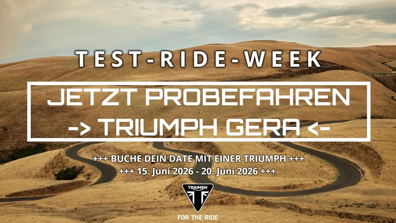 Vorschaubild für Post - Unsere Triumph Test-Ride-Week  🏍️💨startet bald! Die perfekte Gelegenheit für alle Motorradfahrerinnen und -fahrer, die britische Premium-Power von TRIUMPH unverbindlich zu testen.

Besonders, wenn du aktuell noch eine andere Marke fährst: Komm rum und mach den direkten Vergleich!

Die Test-Flotte wartet: Von den agilen Roadstern bis zu lässigen Modern Classics steht vieles bereit.

Dein Deal: Bring dein aktuelles Bike mit, park es bei uns, schnapp dir die Schlüssel für eine neue Triumph und finde heraus, was den Mythos ausmacht. Kein Kaufdruck – nur purer Fahrspaß 🏍️💨 und echtes Feedback.

📅 15. Juni 2026 bis 20. Juni 2026 zu unseren Öffnungszeiten

📍 Triumph Gera by MSG Moto-Shop-Gera TEAM BAUCH OHG, Wiesestr. 250, 07551 Gera

Buche jetzt Dein Date mit einer Triumph unter 0365-4204460 oder per Mail info@moto-shop-gera.de!

PS: Bitte informiert Euch über die Anreise zu unserem Laden, denn bei uns ist in der Wiesestraße eine große Baustelle. Die Beschreibung findet Ihr auf unserer Homepage triumph-gera.de!

#triumph_gera #triumphmotorcycles #triumphbonneville #triumphbonneville  #trident800 #tiger900alpineedition #streettriplerx #trident660 #tigersport660 #fortheride #triumphtestride #testride