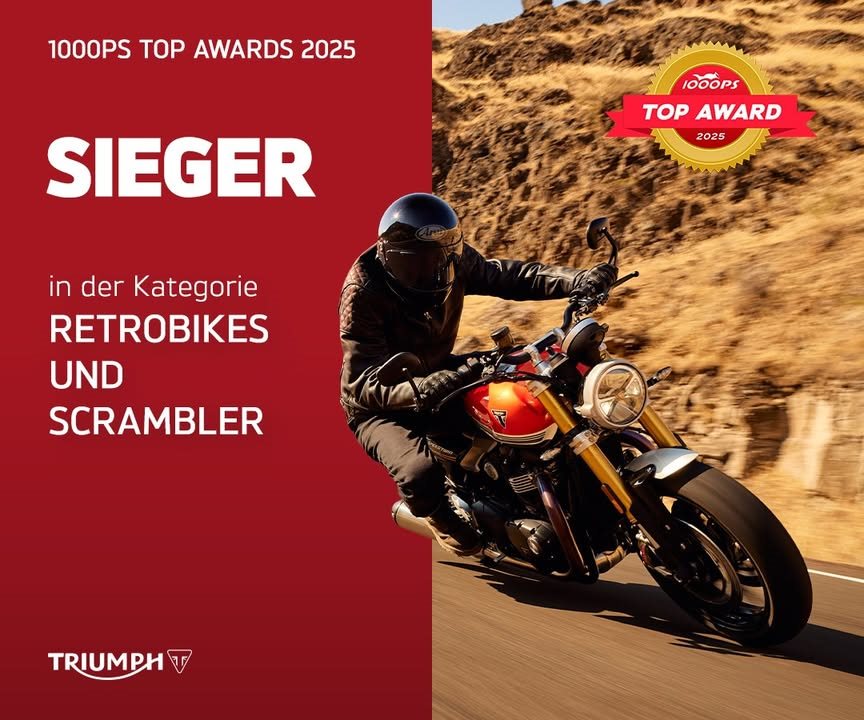 Vorschaubild für Post - Aller guten Dinge sind 3: 
Auch die Speed Twin 1200 RS erklimmt das Siegerpodest der 1000PS Top Awards 2025 und macht es sich ganz oben bequem!
Kein Wunder - bei der kräftigen Power unter dem bildschönen Retro-Mantel kann man nur ins Schwärmen geraten... 🧡
Jetzt bei uns Probe fahren!
 >> https://www.triumph-fuerstenwalde.de <<