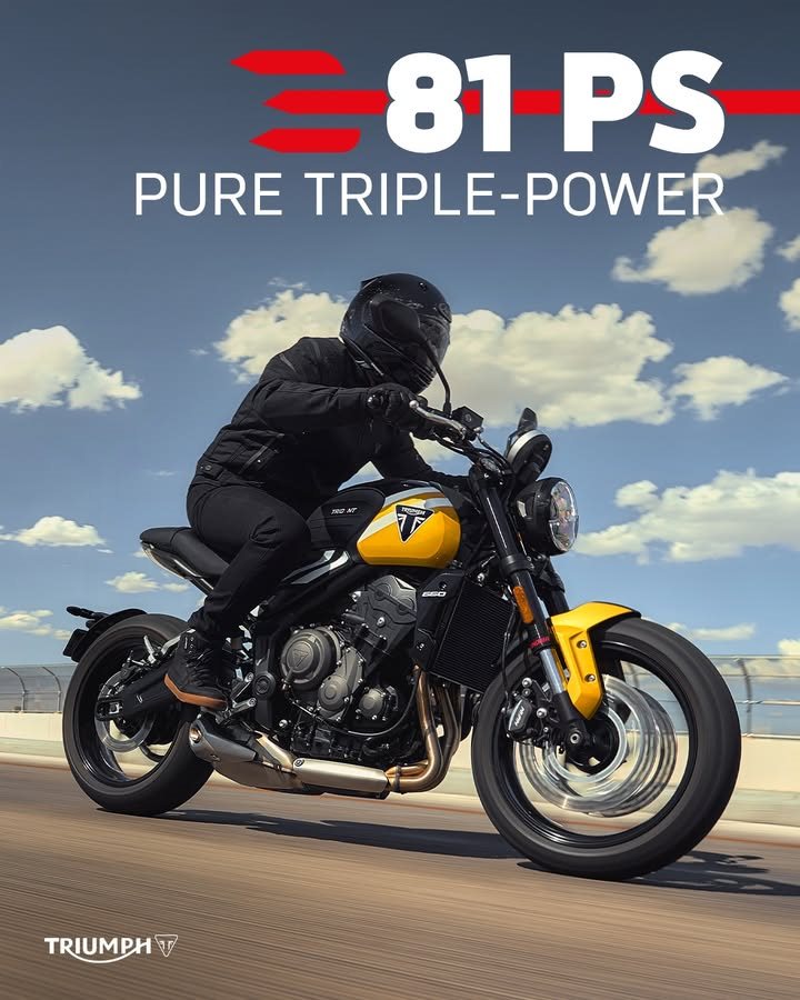 Vorschaubild für Post - Ein Motor, drei Zylinder, unvergesslicher Sound: Mit 81 PS liefert die Trident 660 pure Triple-Power für jeden Ride.

Überzeug dich von ihrem Suchtpotenzial bei einer Probefahrt!
>> https://triumph-braunschweig.de/de <<