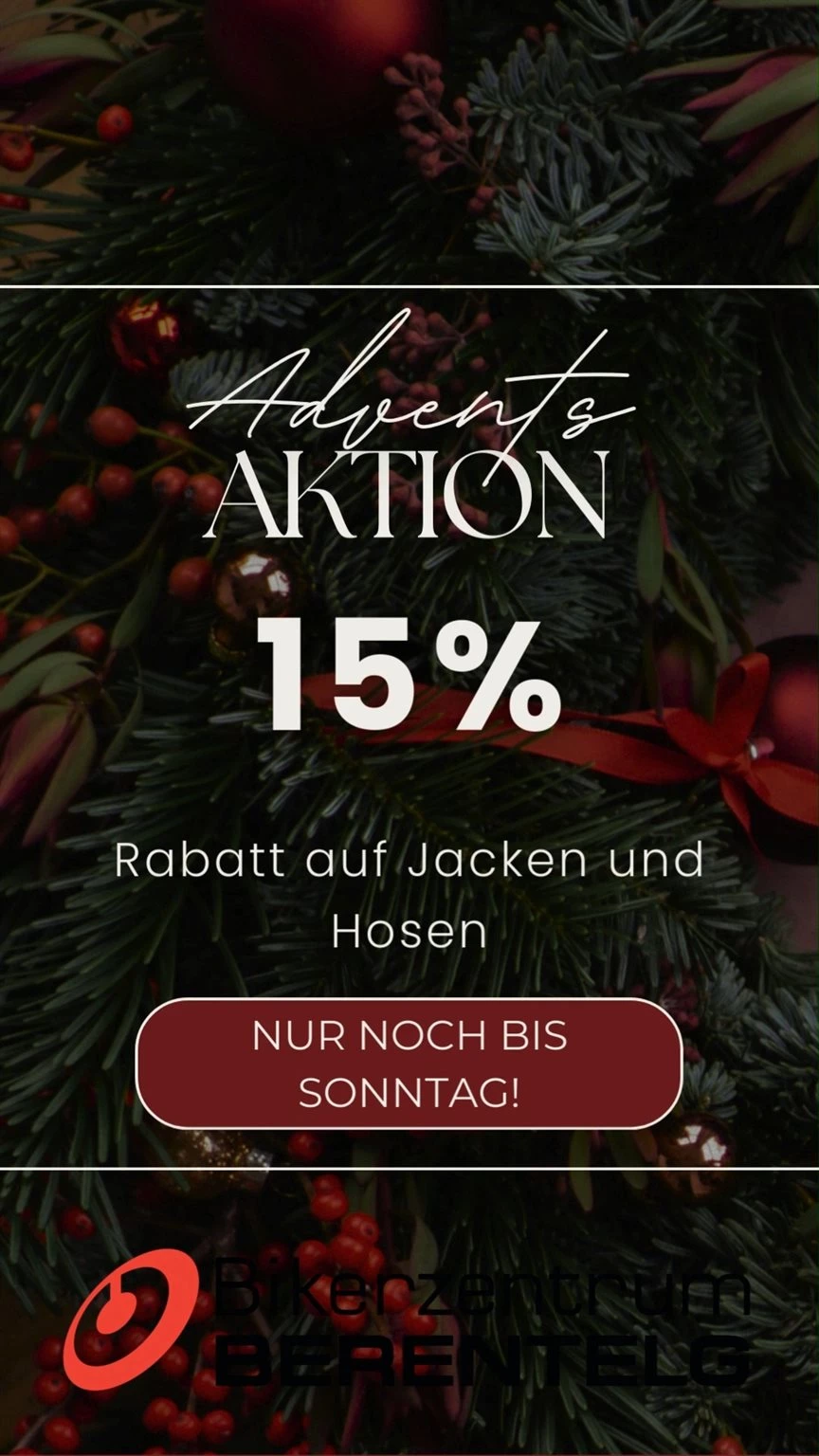 Vorschaubild für Post - ⏰ Denkt dran! 🎄✨
Unsere Adventsaktion läuft nur noch bis Sonntag!

Diese Woche gibt’s 15 % auf alle Motorradjacken & -hosen – perfekt für warme Wintertouren oder als Geschenk für eure Lieblingsbiker. 🏍❄️

➡️ Nur bis Sonntag im Bikerzentrum Berentelg!

👉 Welche Jacke oder Hose würdest du dir sichern?

#adventsaktion #bikerzentrumberentelg #motorradbekleidung #bikerlife #xmasdeal #motorradjacke #motorradhose
