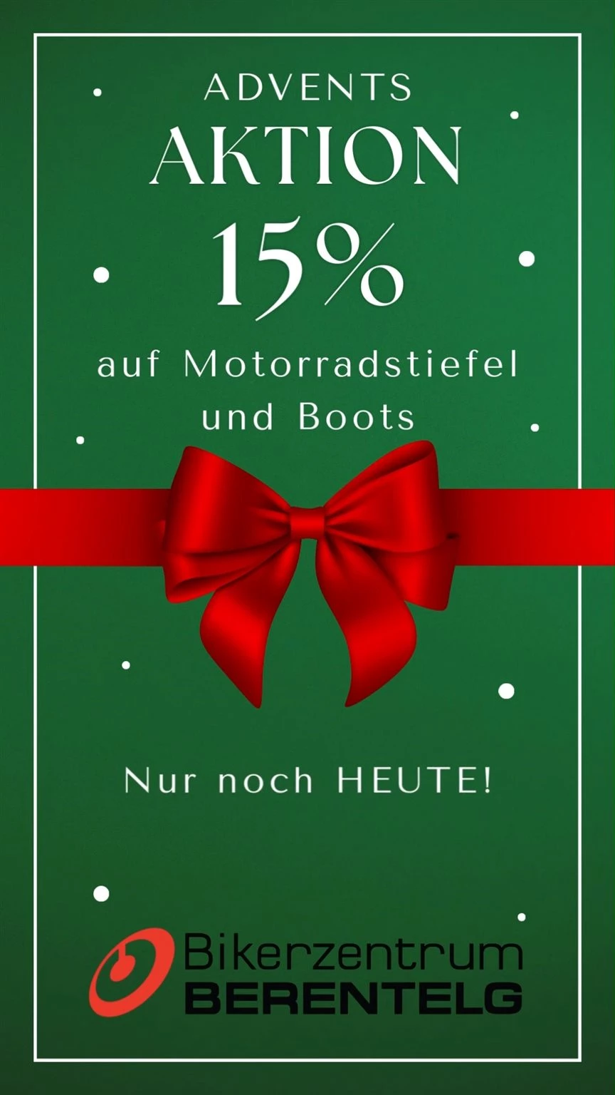 Vorschaubild für Post - ⏰ Nur noch heute! 🎄✨
Unsere 4. Adventsaktion – das große Finale läuft nur noch heute!
Sichert euch jetzt 15 % auf alle Motorradstiefel & Boots – für mehr Sicherheit, Komfort und Style auf dem Bike. 🥾🏍️

➡️ Letzte Chance!
👉 Welche Stiefel würdest du dir aussuchen?

#adventsaktion #bikerzentrumberentelg #motorradstiefel #boots #bikerlife #xmasdeal