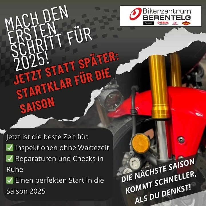 Vorschaubild für Post - JETZT. ODER SPÄTER WARTEN.
🏍️🔧

Die Saison kommt.
Die Werkstatt füllt sich.
Und wer zu spät kommt, steht später an.

Der Januar ist deine Chance:
✅ Inspektionen ohne Wartezeit
✅ Reparaturen ohne Stress
✅ Motorrad fertig, bevor andere Termine suchen

Mach dein Motorrad jetzt startklar –
nicht erst, wenn alle gleichzeitig in die Werkstatt wollen.

👉 Jetzt Termin sichern. Später einfach fahren.

Bikerzentrum BERENTELG – Werkstatt