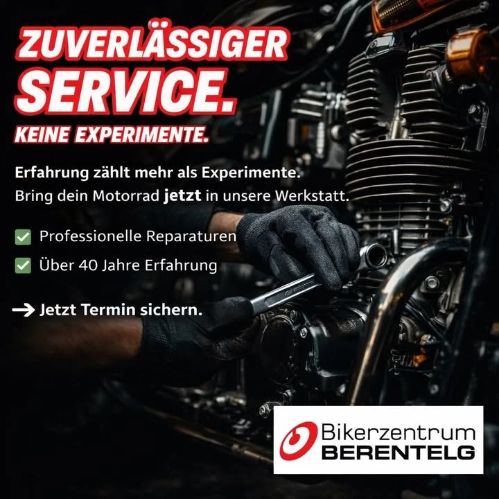 Vorschaubild für Post - ZUVERLÄSSIGER SERVICE.
KEINE EXPERIMENTE.

Dein Motorrad gehört in erfahrene Hände.
Nicht irgendwann – jetzt, bevor die Saison beginnt.

✔️ Professionelle Reparaturen
✔️ Klare Diagnosen, saubere Arbeit
✔️ Über 40 Jahre Werkstatt-Erfahrung

Wer jetzt kommt, fährt vorbereitet.
Wer wartet, kommt später dran.

👉 Jetzt Termin sichern und stressfrei in die Saison starten.

Bikerzentrum BERENTELG – Motorradwerkstatt
